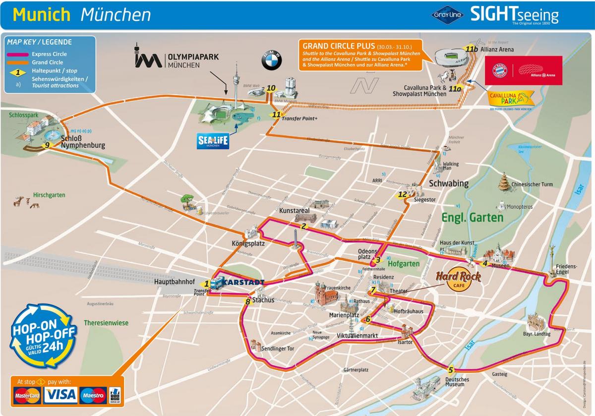 Monachium Hop On Hop Off mapa wycieczek autobusowych