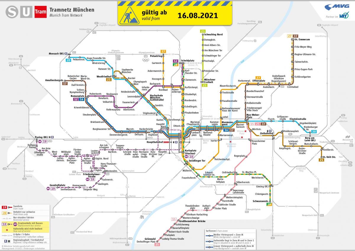 Monachium mapa dworców tramwajowych